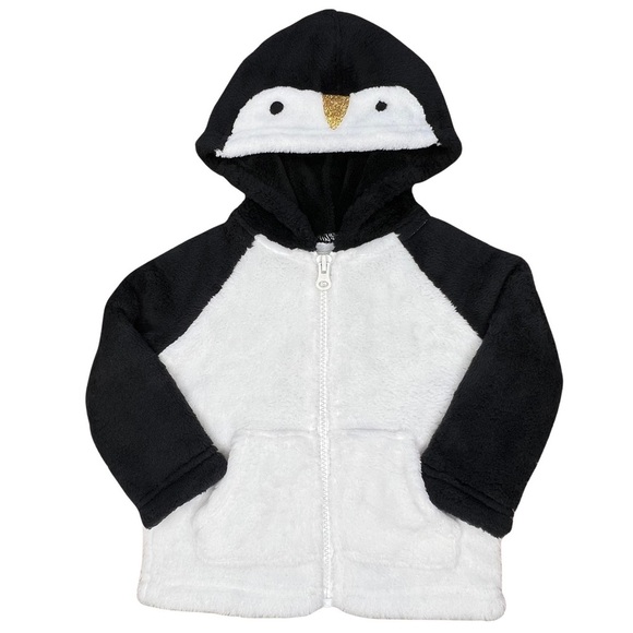 OshKosh B’gosh Jacket Fleece Penguin Zipper Hooded Black White Gold 6-9 Months - Picture 1 of 13
